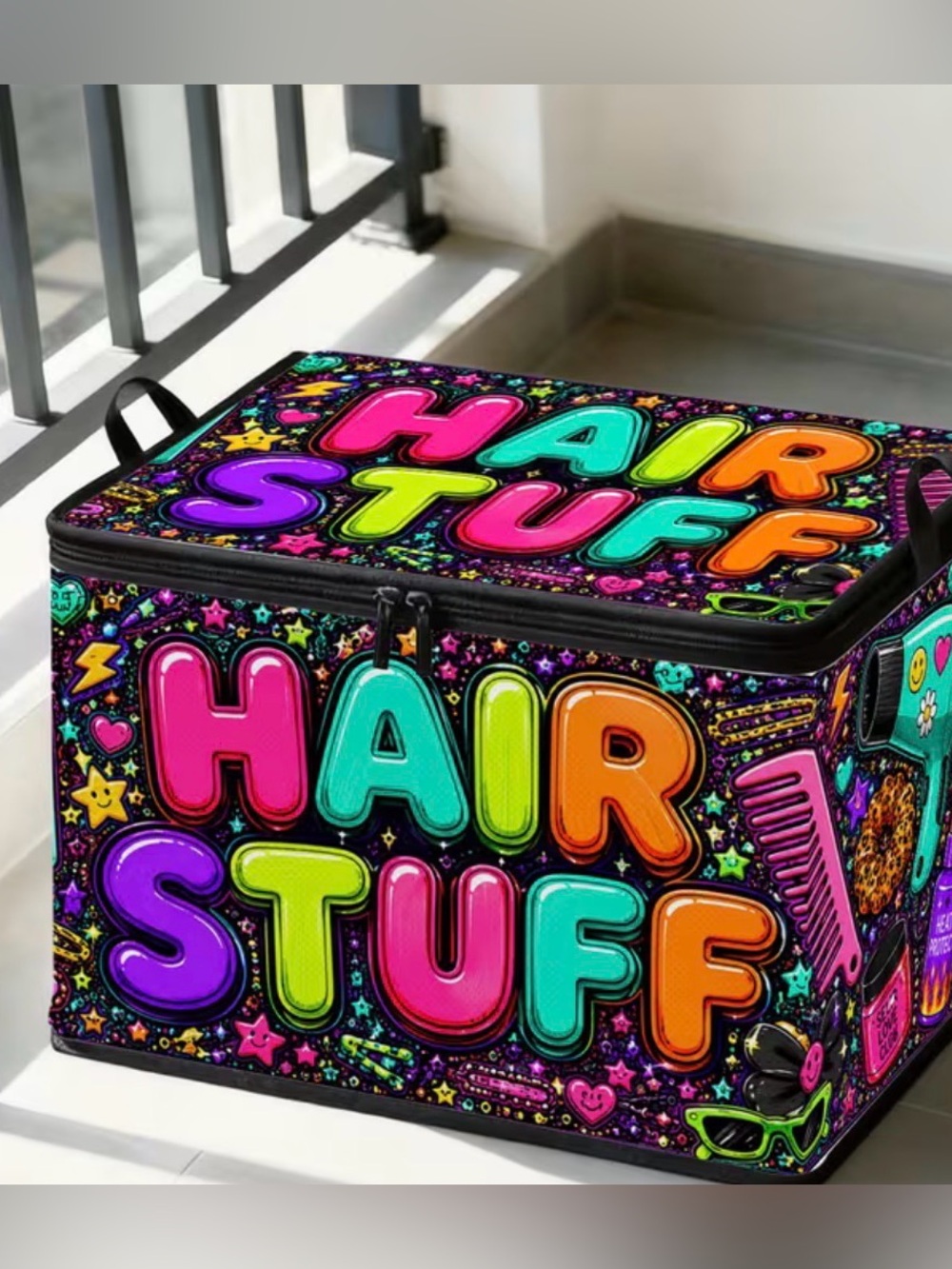 Colorful "Hair Stuff" Storage Box – Neon Multi Design
